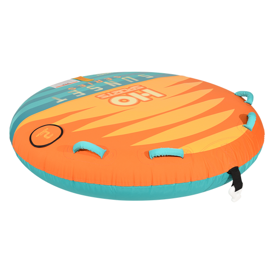 Angled view of the Sunset 2 Tube in orange and yellow with a sunburst graphic, teal base and foam handles.