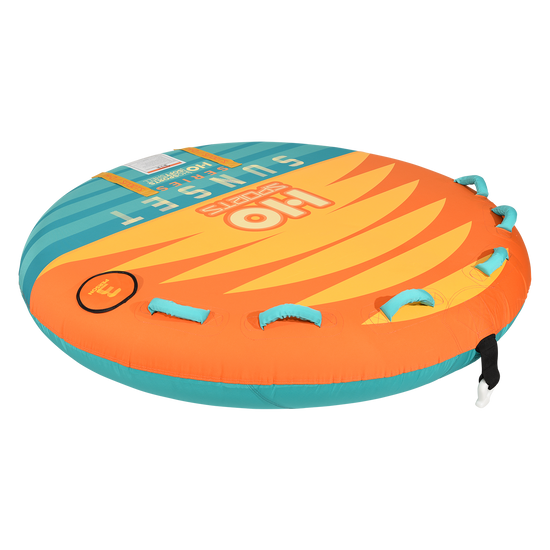 Angled view of the Sunset 3 Tube in orange and yellow with a sunburst graphic, teal base and foam handles.