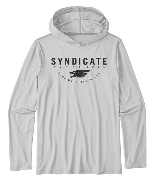 Front view of the Sun Shield Hoodie in Mist Grey, long-sleeve hooded top with a black Syndicate logo.