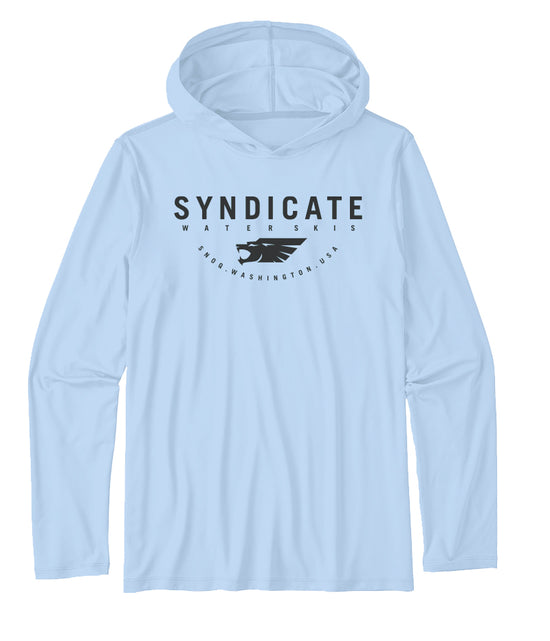 Front view of the Sun Shield Hoodie in Sky Blue, long-sleeve hooded top with a black Syndicate logo.