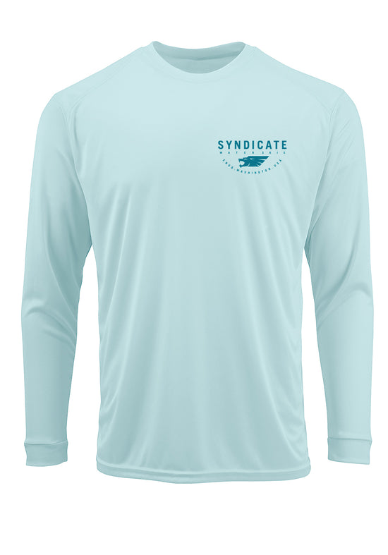 Front view of the Sun Shield LS Crew in Aqua Mint, long-sleeve crew tee with a small chest Syndicate logo.