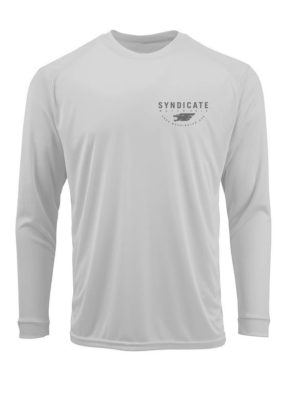 Front view of the Sun Shield LS Crew in Mist Grey, long-sleeve crew tee with a small chest Syndicate logo.