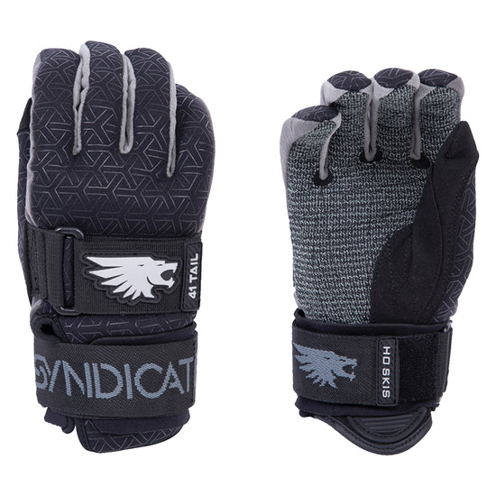 Front and back views of a pair of black and gray Syndicate 41 Tail water ski gloves.