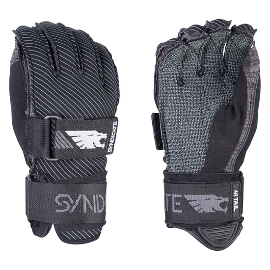 Front and back views of a pair of black and gray Syndicate 41 Tail Inside Out water ski gloves.