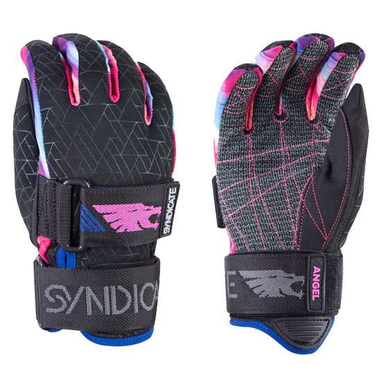 Front and back views of a pair of black Syndicate Angel water ski gloves with pink and blue tie-dye fingers.