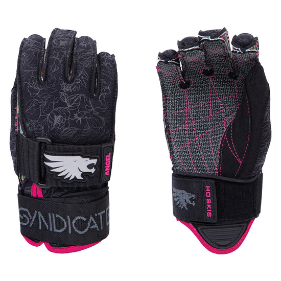Front and back views of a pair of black and pink Syndicate Angel Inside Out water ski gloves.