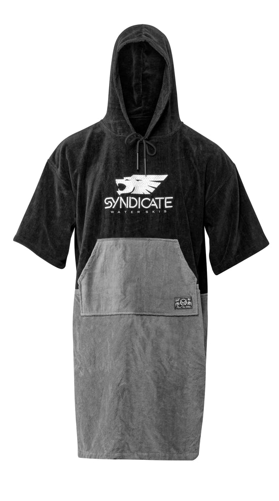 Front view of the Syndicate Changing Towel, black hooded poncho with a grey front pocket and Syndicate logo.