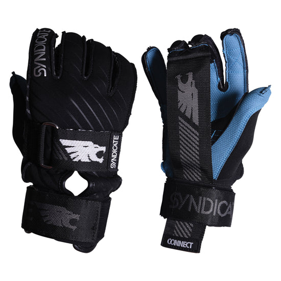 Front and back views of a pair of black and blue Syndicate Connect Inside Out water ski gloves.