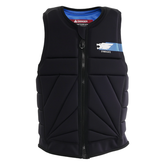 Front view of the Syndicate NCGA Hero Vest, black with blue Syndicate logo and front zip.