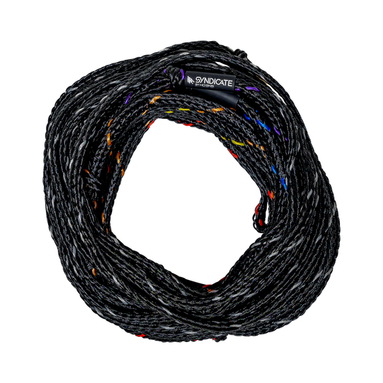 Top view of the coiled Syndicate Powerline mainline, black with color-coded length loops and Syndicate logo.
