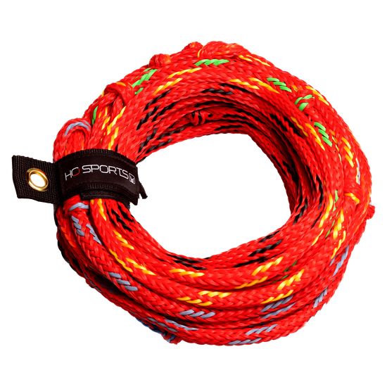 Top view of the coiled Syndicate Redline ski rope, red with yellow, green and grey tracers, HO Sports logo.