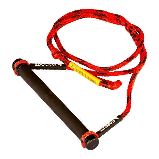 Angled view of the Syndicate Redline Handle, black grip on a red and black braided rope with a yellow tag.