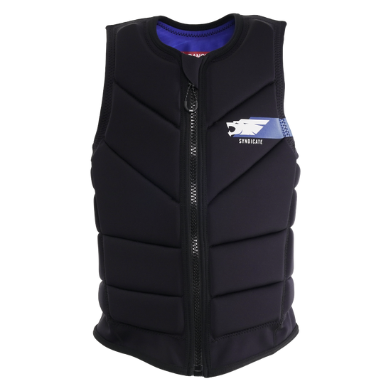 Front view of the Women's Syndicate Feelgood competition vest, black with blue Syndicate logo and front zip.