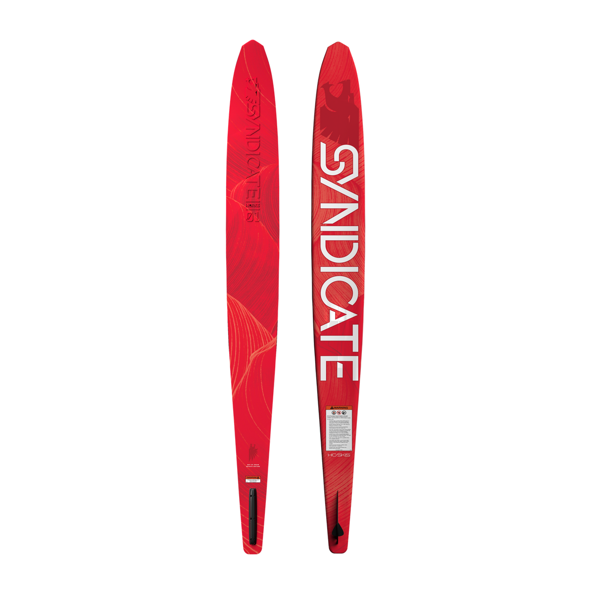 Top and base views of a red Syndicate Works 01 slalom water ski with white lettering.