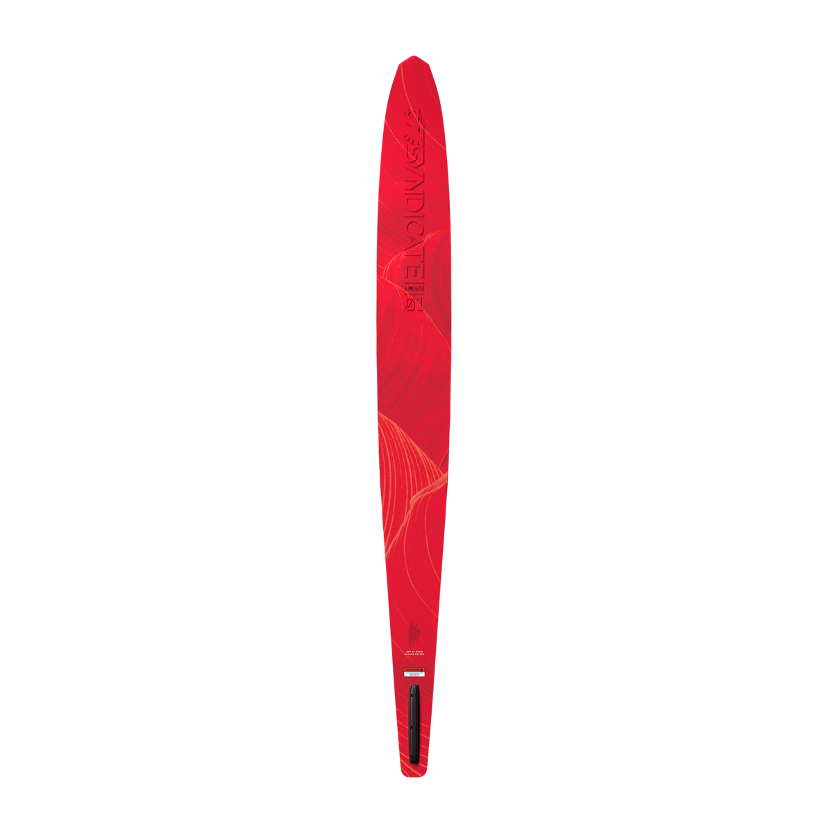 Top view of a red Syndicate Works 01 slalom water ski with embossed logo and wave graphics.