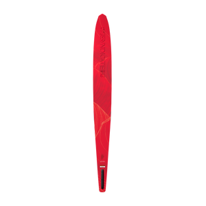 Top view of a red Syndicate Works 01 slalom water ski with embossed logo and wave graphics.
