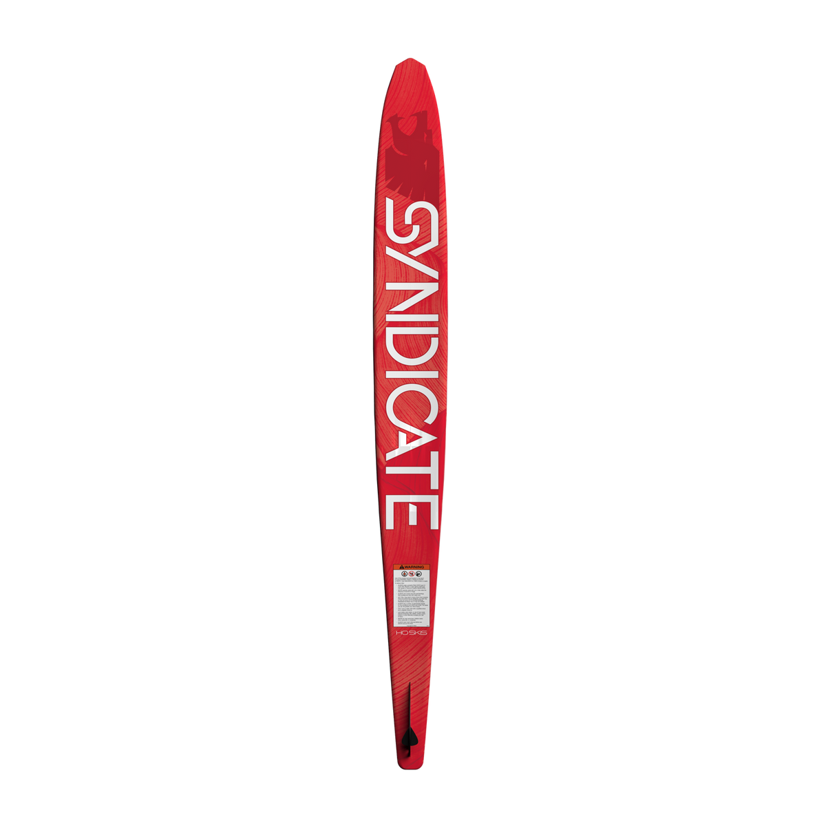 Base view of a red Syndicate Works 01 slalom water ski with white lettering and fin.