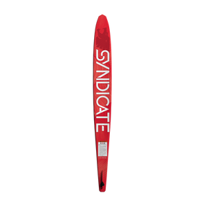 Base view of a red Syndicate Works 01 slalom water ski with white lettering and fin.