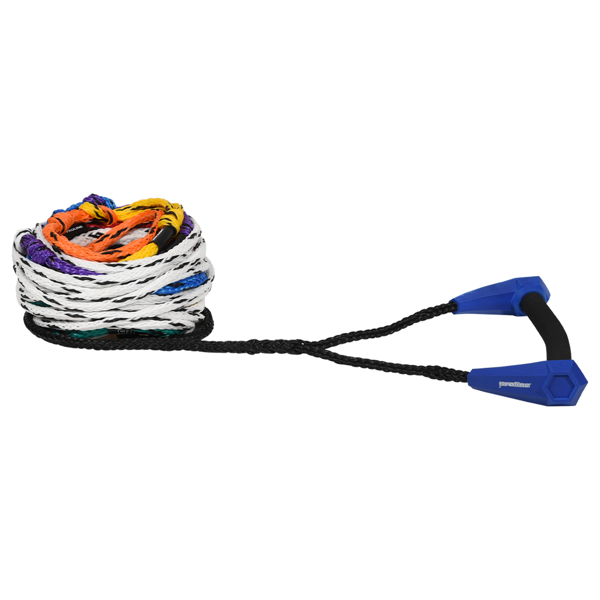 Angled view of the Torq Classic Radius Package, blue grip on a coiled white rope with rainbow length loops.