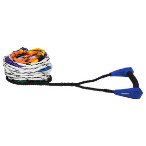 Angled view of the Torq Classic Radius Package, blue grip on a coiled white rope with rainbow length loops.