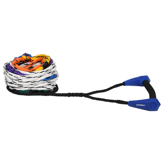 Angled view of the Torq Classic Radius Package, blue grip on a coiled white rope with rainbow length loops.