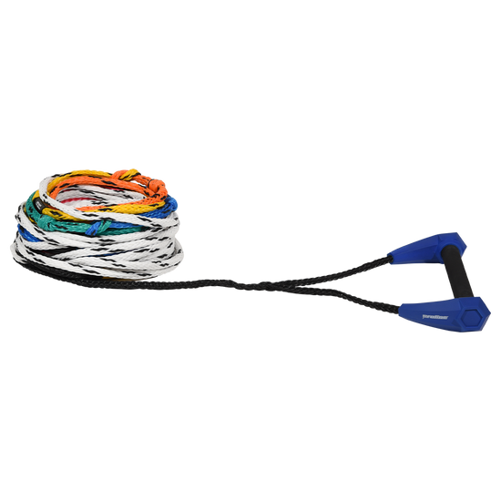 Angled view of the Torq Classic Slalom Package, blue grip on a coiled white rope with rainbow length loops.