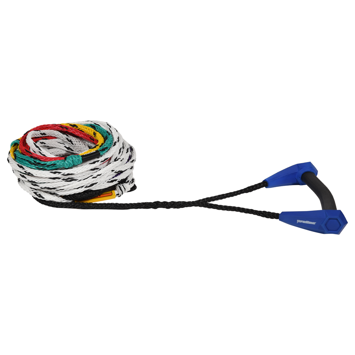 Angled view of the Torq Course Radius Package, blue grip on a coiled white rope with rainbow length loops.