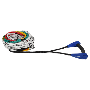 Angled view of the Torq Course Radius Package, blue grip on a coiled white rope with rainbow length loops.