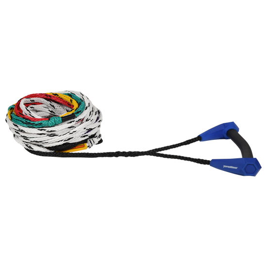 Angled view of the Torq Course Radius Package, blue grip on a coiled white rope with rainbow length loops.