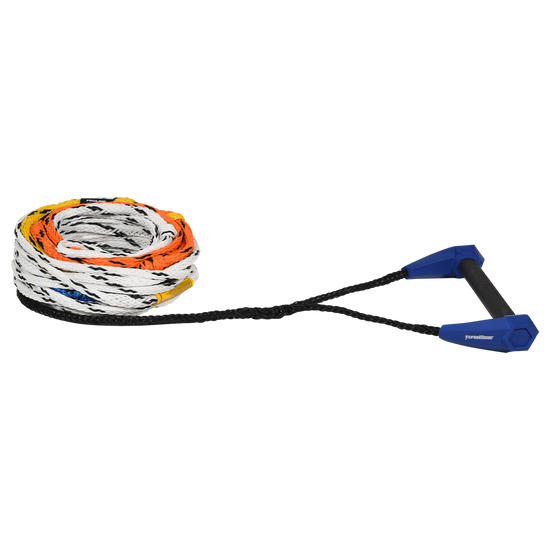 Angled view of the Torq Course Slalom Package, blue grip on a coiled white rope with orange and yellow length loops.