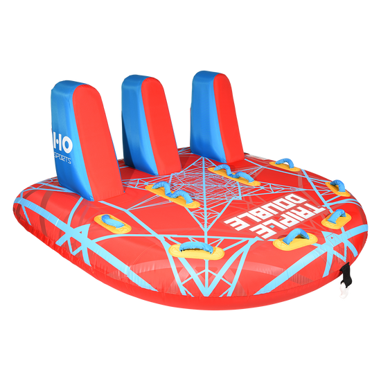Angled view of the Triple Double Tube in red and blue with light blue web graphics and three tall backrests.