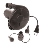 Black electric inflator/deflator pump with a round body, power cord, and multiple nozzle attachments.