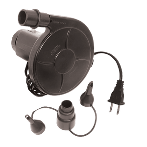 Black electric inflator/deflator pump with a round body, power cord, and multiple nozzle attachments.