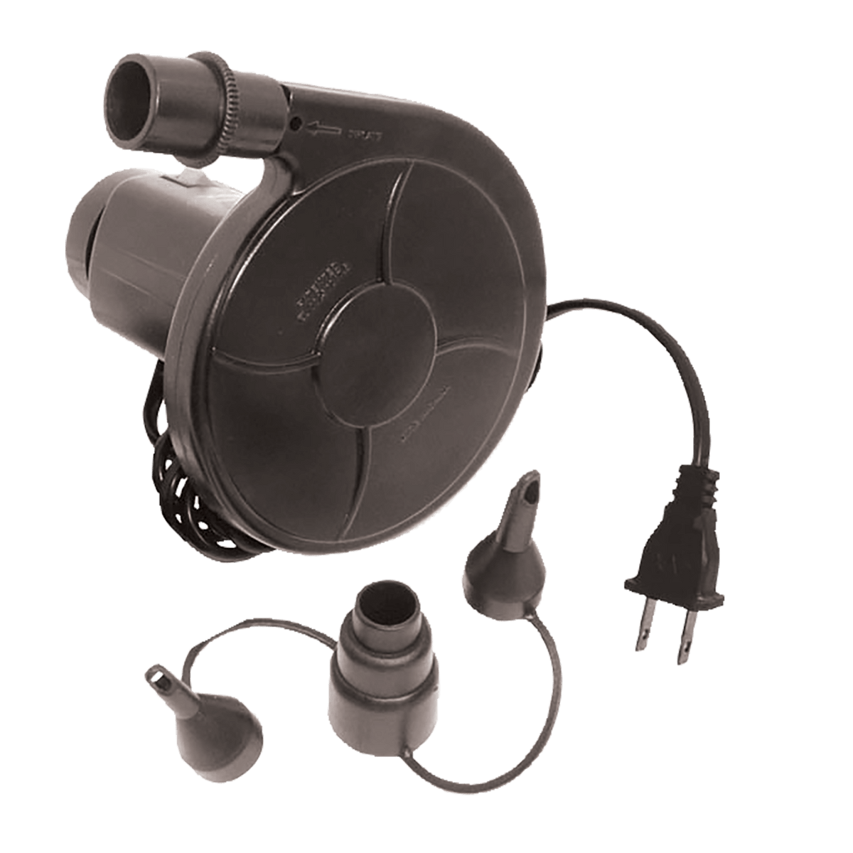 Angled view of the black 110 Volt Pump with its wall plug and set of tapered nozzle adapter tips.