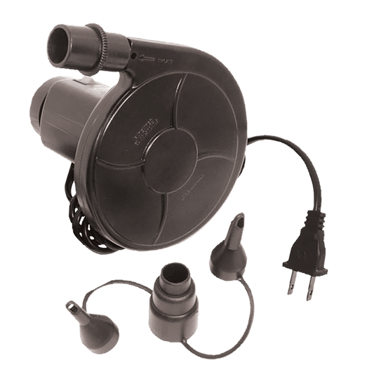 Angled view of the black 110 Volt Pump with its wall plug and set of tapered nozzle adapter tips.