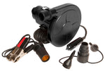 Black electric inflator/deflator pump with a round body, power cord, and multiple nozzle attachments.