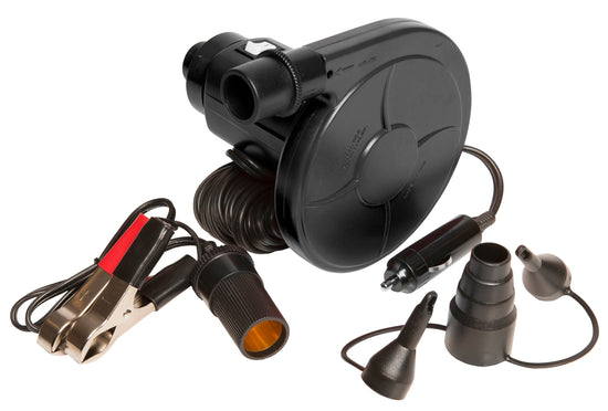 Angled view of the black 12 Volt Pump with its coiled hose, battery clips, car plug, socket adapter, and nozzle tips.