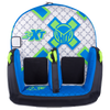 Top view of the 2G-XT two-person towable with a blue, white, and green geometric design, handles, and black seat panels.