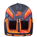 Top view of the 2G Tube, a two-person towable with a black, orange, and red design, dual backrests, and padded handles.