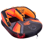 Left-angle view of the 2G Tube two-person towable with a black, orange, and red design, dual backrests, and padded handles.