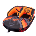 Right-angle view of the 2G Tube two-person towable with a black, orange, and red design, dual backrests, and padded handles.