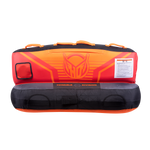 Back view of the 2G Tube, a two-person towable with a black, orange, and red design, dual backrests, and padded handles.