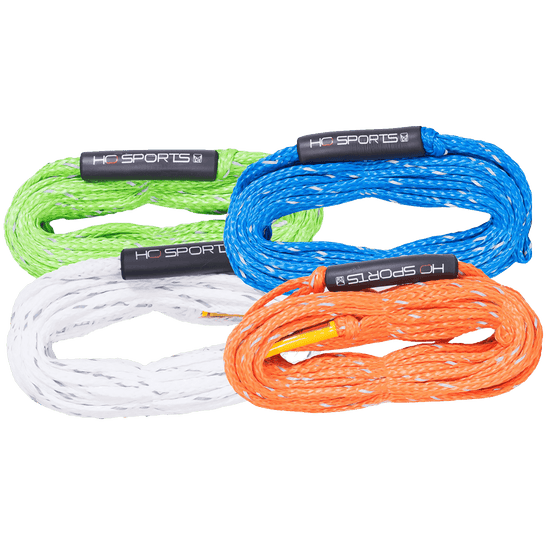 Four coiled 2K Safety Tube Ropes in green, blue, white, and orange, each with a reflective tracer and HO Sports float.