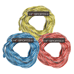 Three coiled 2K Tube Ropes in yellow, blue, and red, each with a black "HO Sports" handle wrap.