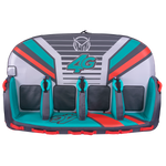 Top view of the 4G towable tube with a gray, teal, and red design, four padded seats, and grab handles.