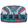 Top view of the 4G towable tube with a gray, teal, and red design, four padded seats, and grab handles.