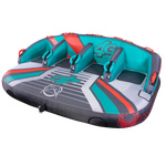 Right-angle view of the 4G towable tube with a gray, teal, and red design, four padded seats, and grab handles.