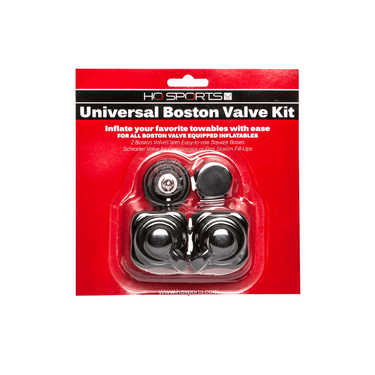 HO Sports Universal Boston Valve Kit in red packaging, including two Boston valves and a Schrader valve adapter.