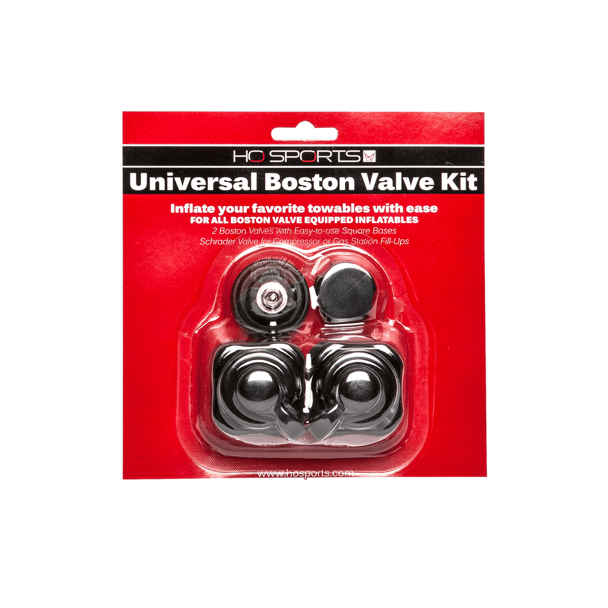 Front view of the Boston Valve 2 Pack in red packaging, showing two black valves with square bases and caps.