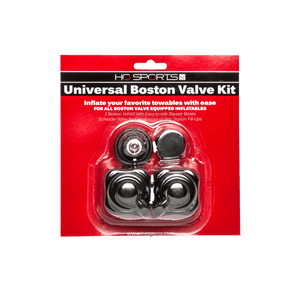 Front view of the Boston Valve 2 Pack in red packaging, showing two black valves with square bases and caps.